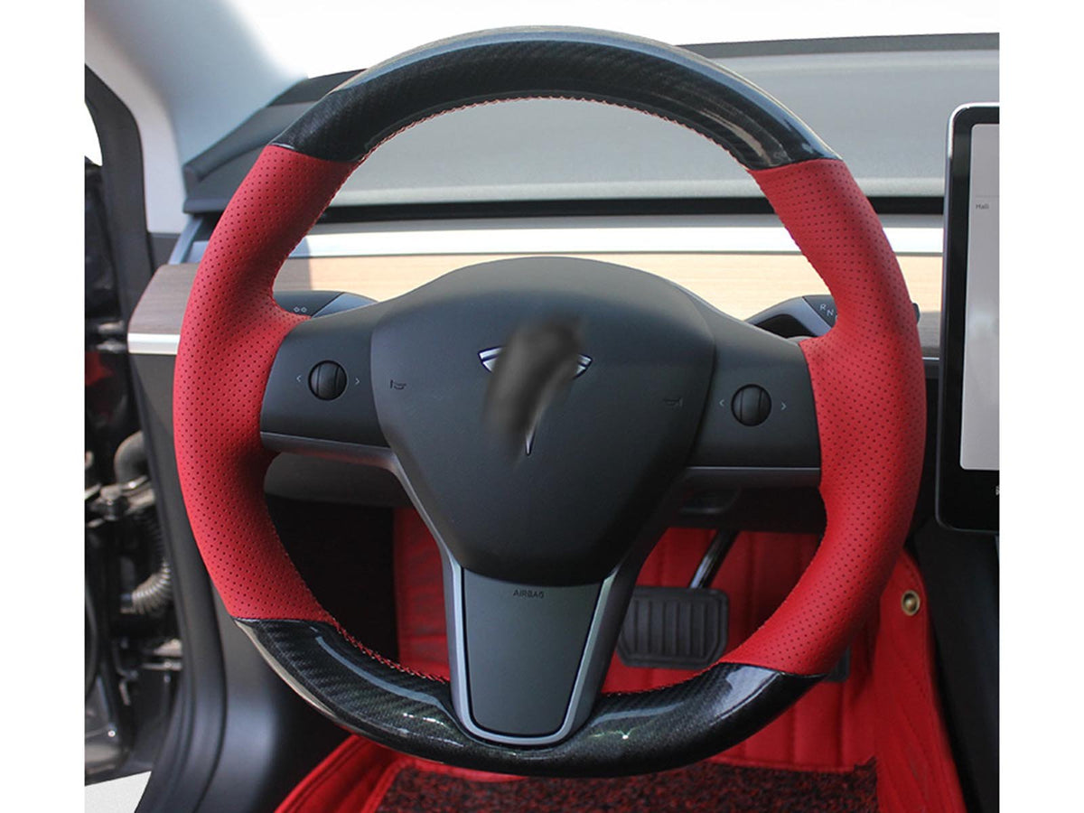 Housse de volant cousue à la main pour Tesla Model 3/Tesla Model Y 2017,  2018, 2019, 2020, 2021 (cuir perforé rouge + fibre de carbone noire mate)
