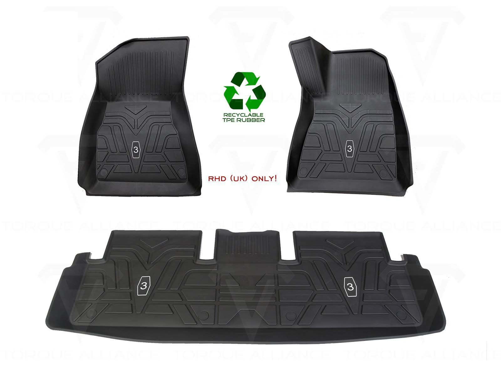 RHD-UK ONLY! Model 3: All-weather Interior Floor Mats (TPE Rubber, 3 Pieces) - Torque Alliance